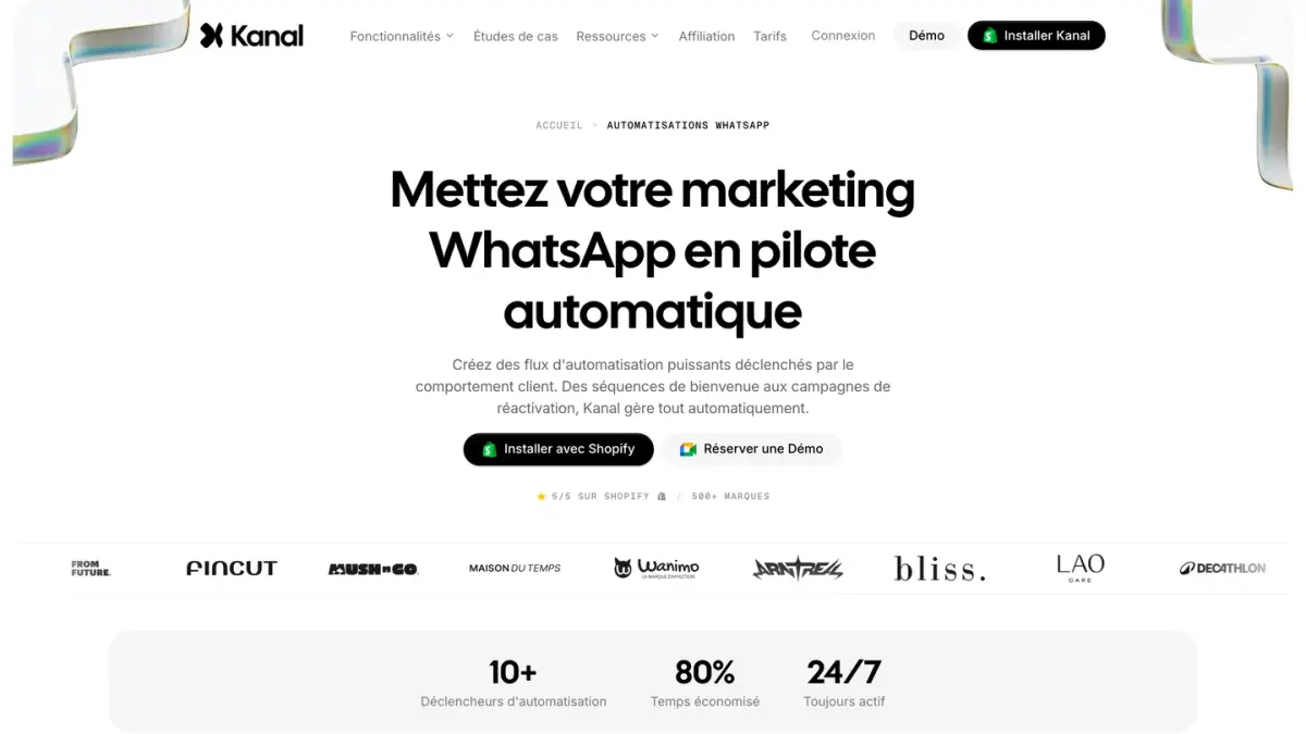 La page de Kanal sur les automatisations WhatsApp pour les boutiques Shopify