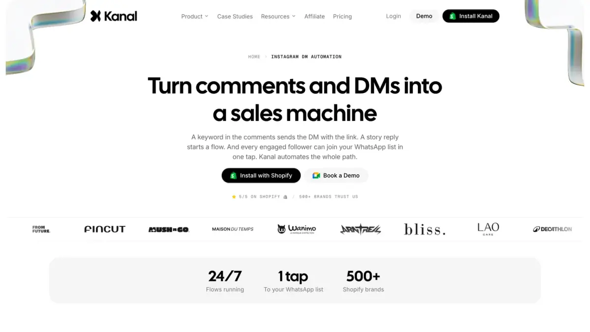 Kanal page for Instagram DM automation, where a keyword in the comments sends the DM with the link