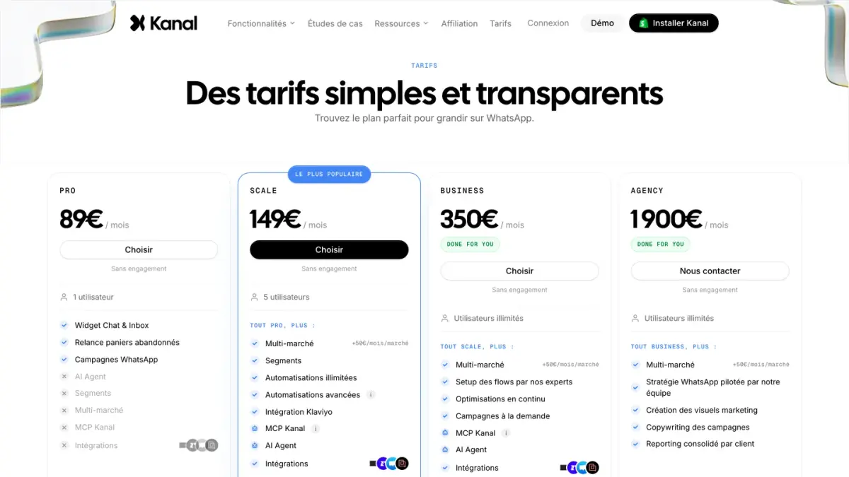 La page des tarifs de Kanal avec les offres Pro, Scale, Business et Agency