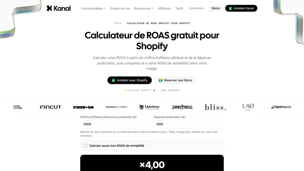 Le calculateur de ROAS gratuit de Kanal, avec le chiffre d'affaires attribué et la dépense publicitaire