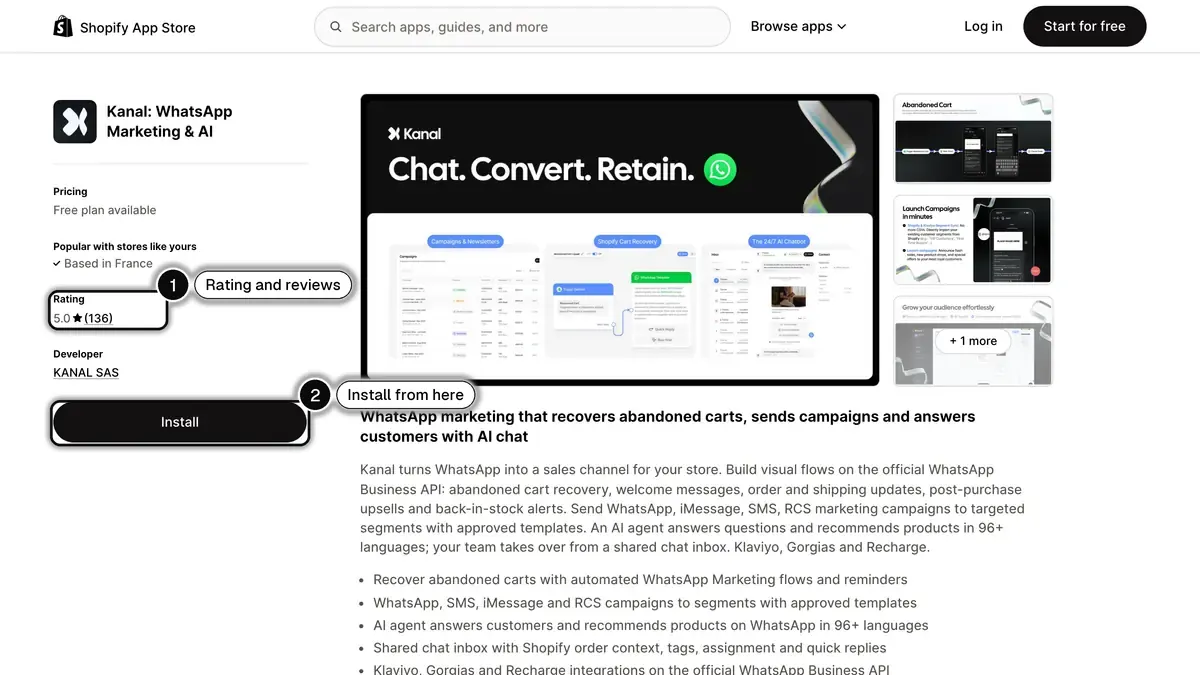 Kanal listing on the Shopify App Store with its 5.0 rating from 136 reviews and the Install button