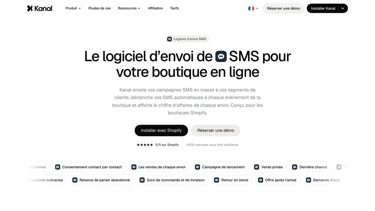 La page SMS de Kanal en français : campagnes SMS en masse vers les segments, SMS automatiques et chiffre d'affaires de chaque envoi