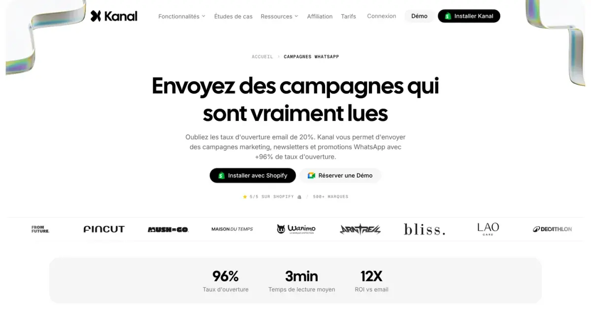 La page de Kanal sur les campagnes WhatsApp pour les boutiques Shopify