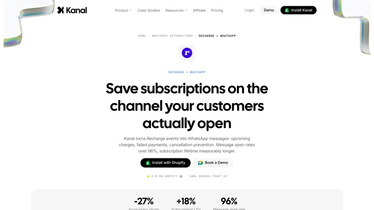 Kanal page for the Recharge integration, which turns subscription events into WhatsApp messages