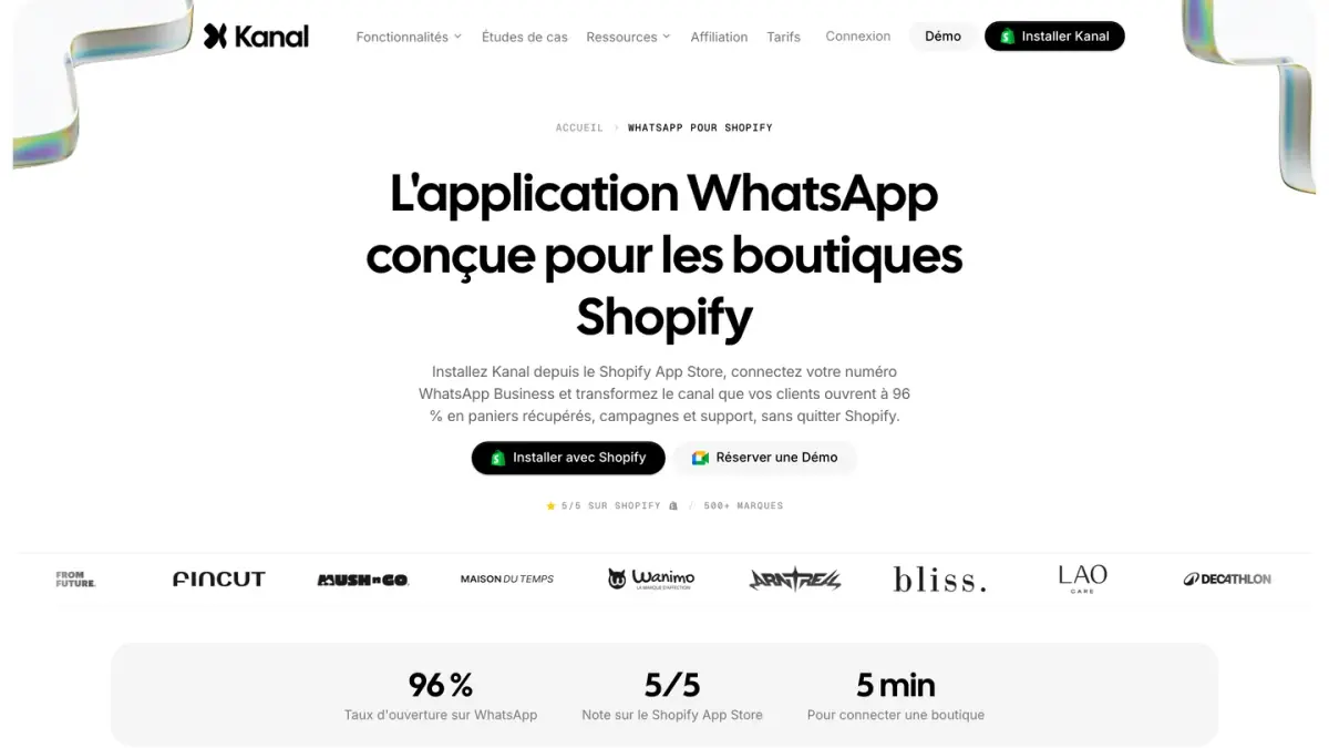 Page du site de Kanal qui présente WhatsApp pour les boutiques Shopify