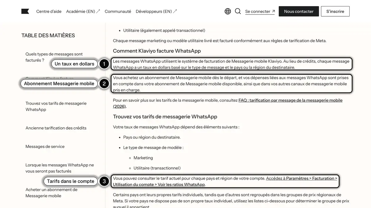 Article du centre d'aide de Klaviyo expliquant que WhatsApp est facturé en dollars par message sur un abonnement de Messagerie mobile