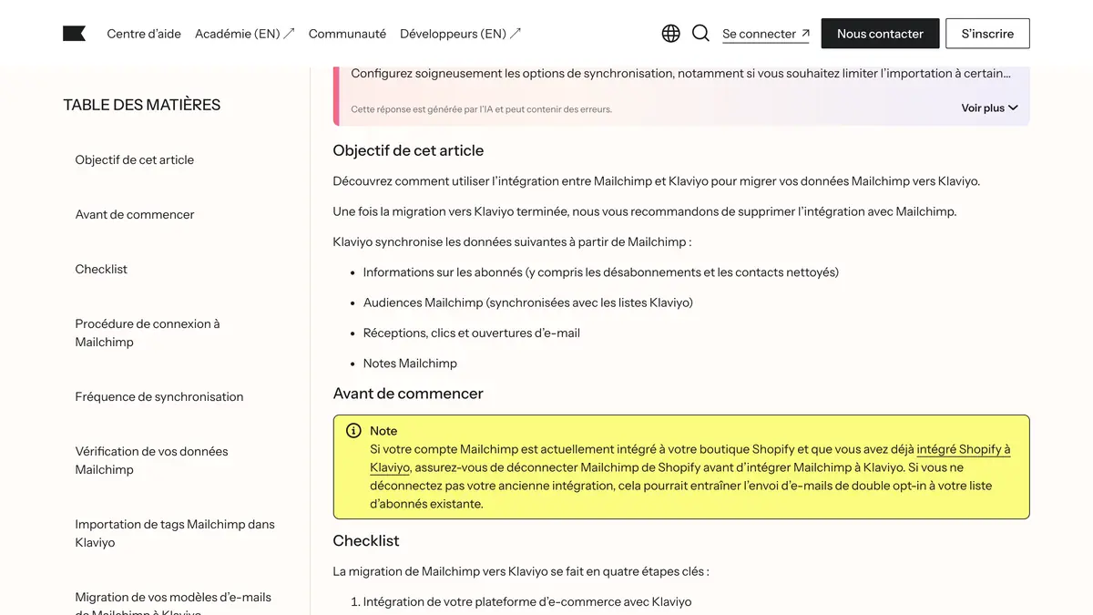 L'article Comment migrer depuis Mailchimp du centre d'aide Klaviyo en français, avec la liste des données synchronisées et l'avertissement sur la déconnexion de Shopify