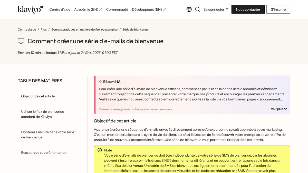 Le guide de la série de bienvenue de Klaviyo en français, avec la recommandation de 3 e-mails sur une semaine et le rythme du flux préconçu encadrés