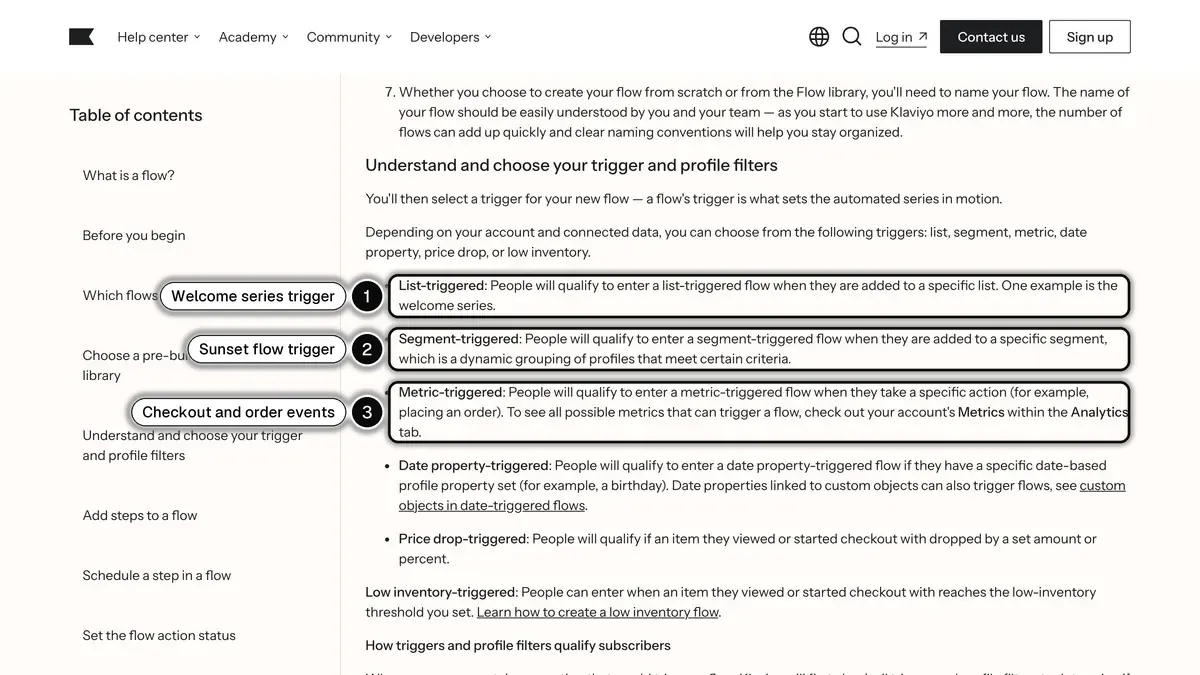 Klaviyo's Getting started with flows article, with the list, segment and metric trigger types highlighted