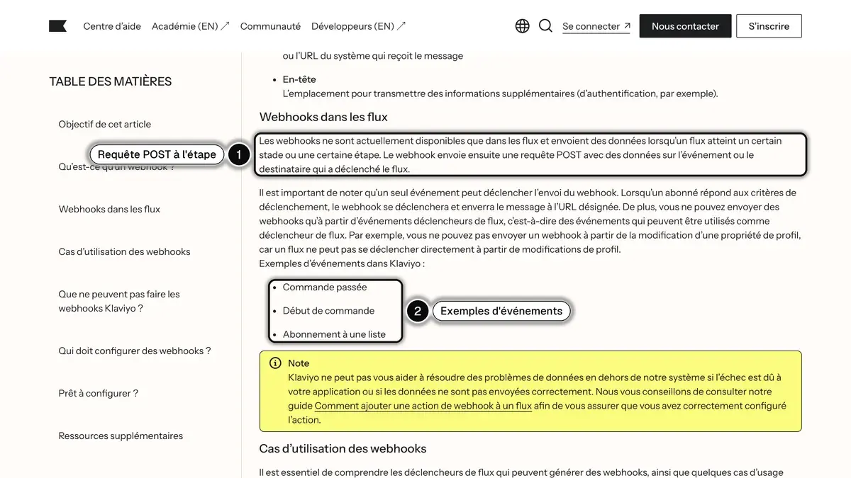 L'article Comprendre les webhooks dans les flux du centre d'aide Klaviyo en français, avec la requête POST et les exemples d'événements encadrés