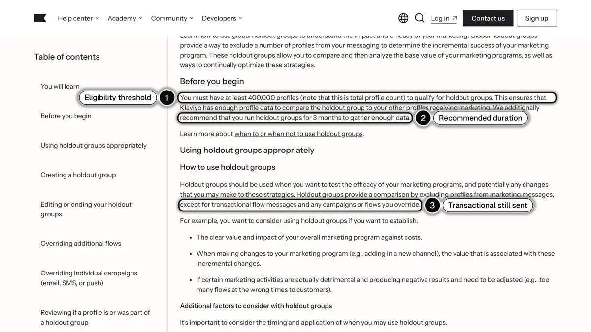Klaviyo Help Center page on global holdout groups: at least 400,000 profiles, a recommended 3-month test, and transactional flow messages still sent to the holdout
