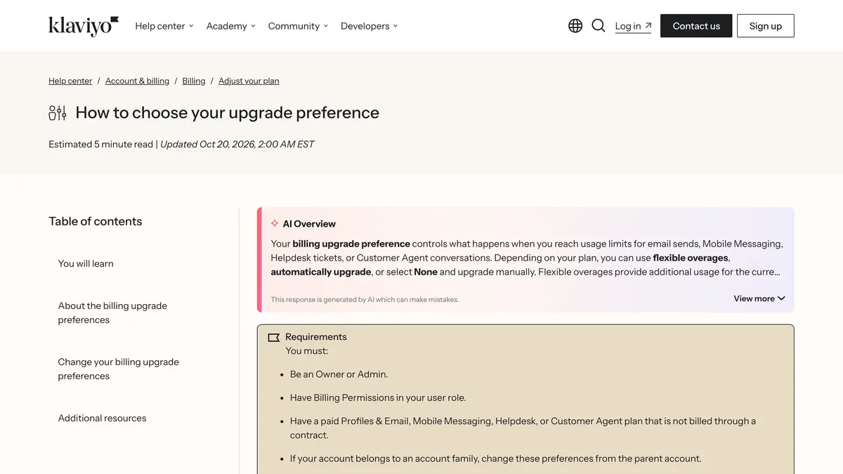 Klaviyo's Help Center article How to choose your upgrade preference, updated October 20, 2026, which covers usage limits for email sends, Mobile Messaging, Helpdesk tickets and Customer Agent conversations