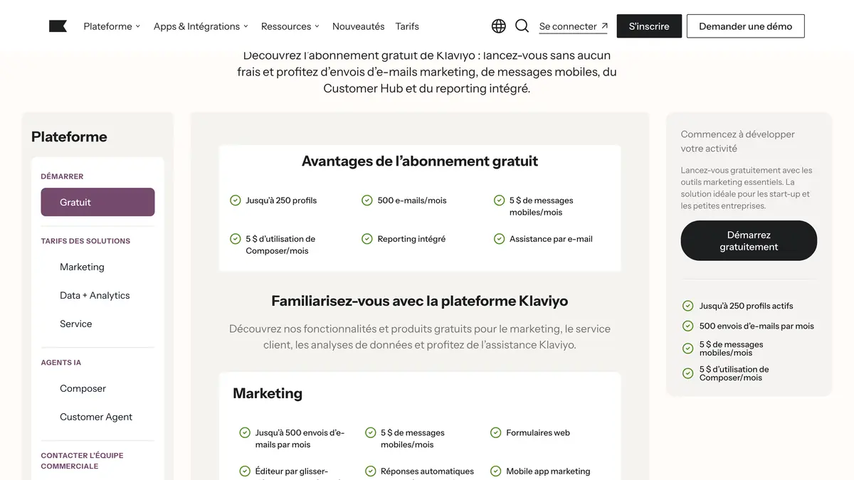 La page tarifs de Klaviyo en français, onglet Gratuit, avec les limites de l'abonnement gratuit : 250 profils, 500 e-mails et 5 $ de messages mobiles par mois