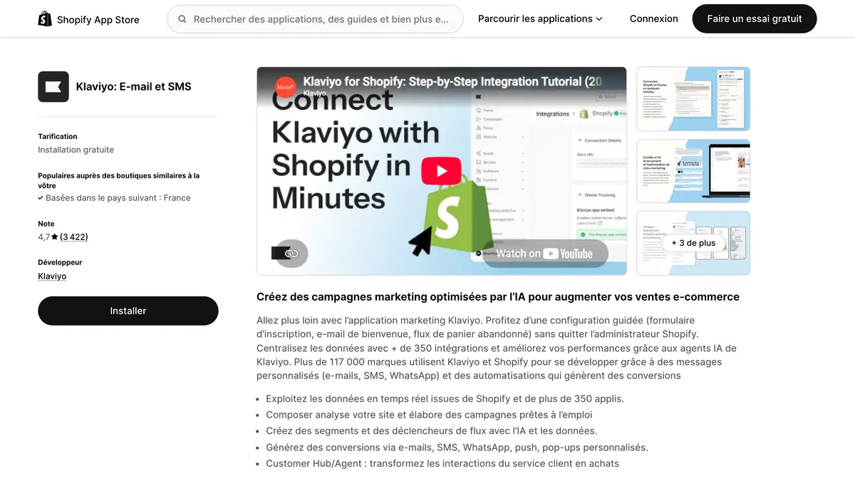 La fiche de Klaviyo sur le Shopify App Store en français, à la rubrique Ressources où figure la mention de l'absence d'assistance directe en français