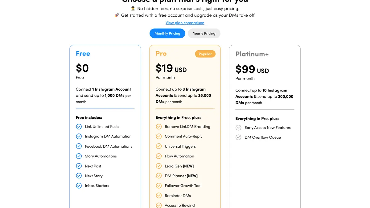 La page tarifs de LinkDM avec les plans Free, Pro et Platinum+ et leurs limites mensuelles de DM, octobre 2026
