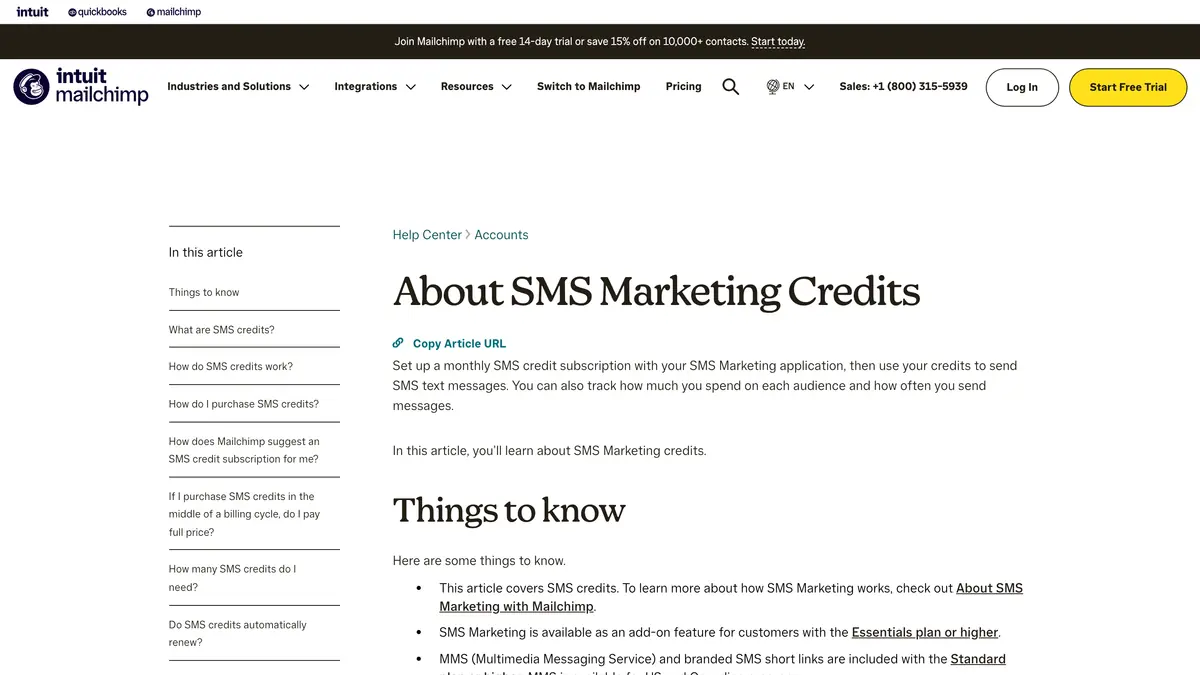 L'article About SMS Marketing Credits du centre d'aide Mailchimp, avec le tableau des crédits par SMS selon le pays où la France consomme 7 crédits