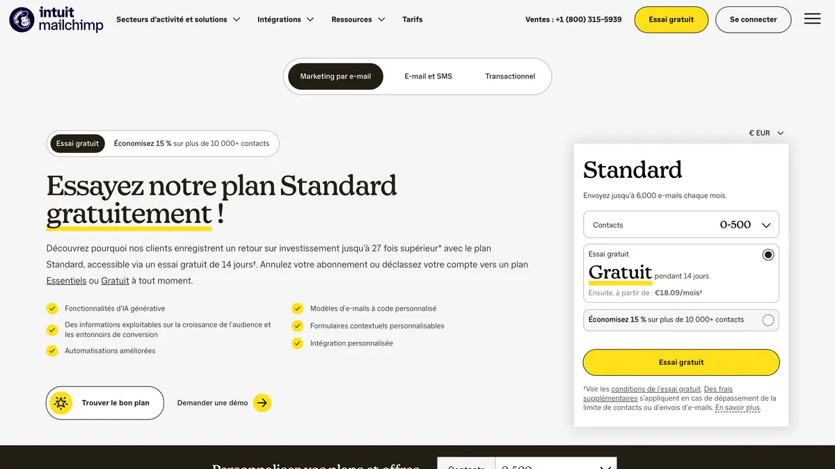 La page tarifs de Mailchimp en français, en euros : l'essai de 14 jours du plan Standard, puis 18,09 € par mois pour 500 contacts, et la remise de 15 % au-delà de 10 000 contacts