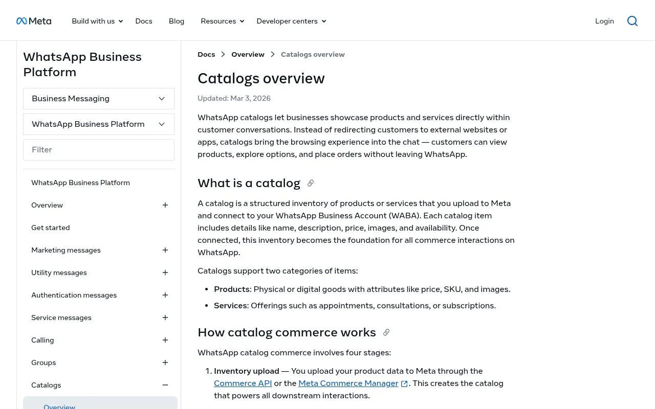 Meta documentation page for the WhatsApp Business catalog product feed