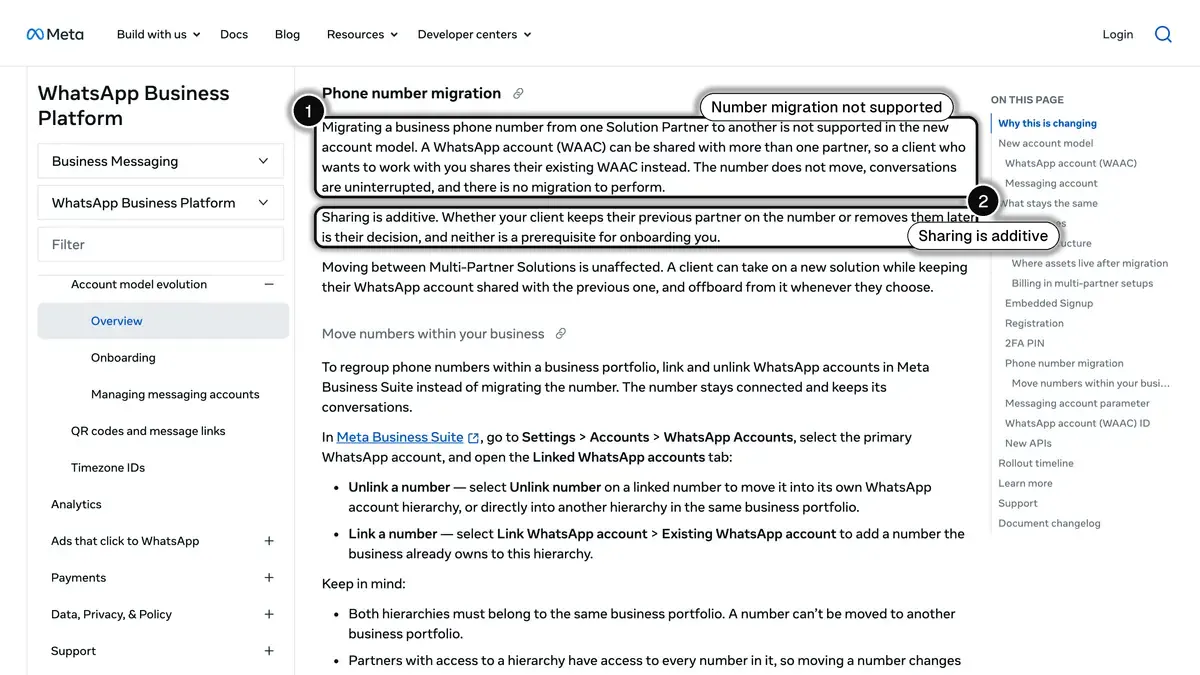 Meta's account model page: a phone number is shared with a new partner instead of migrated