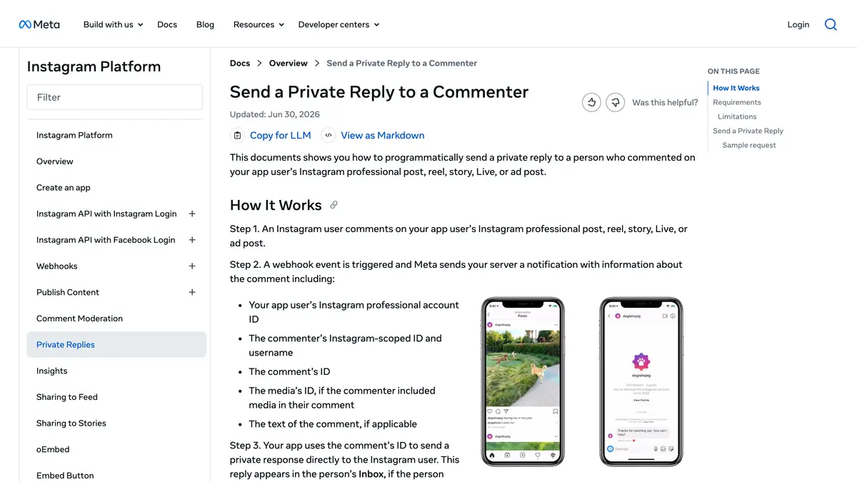 Meta developer documentation on private replies to Instagram commenters, with the steps and the 7-day limit