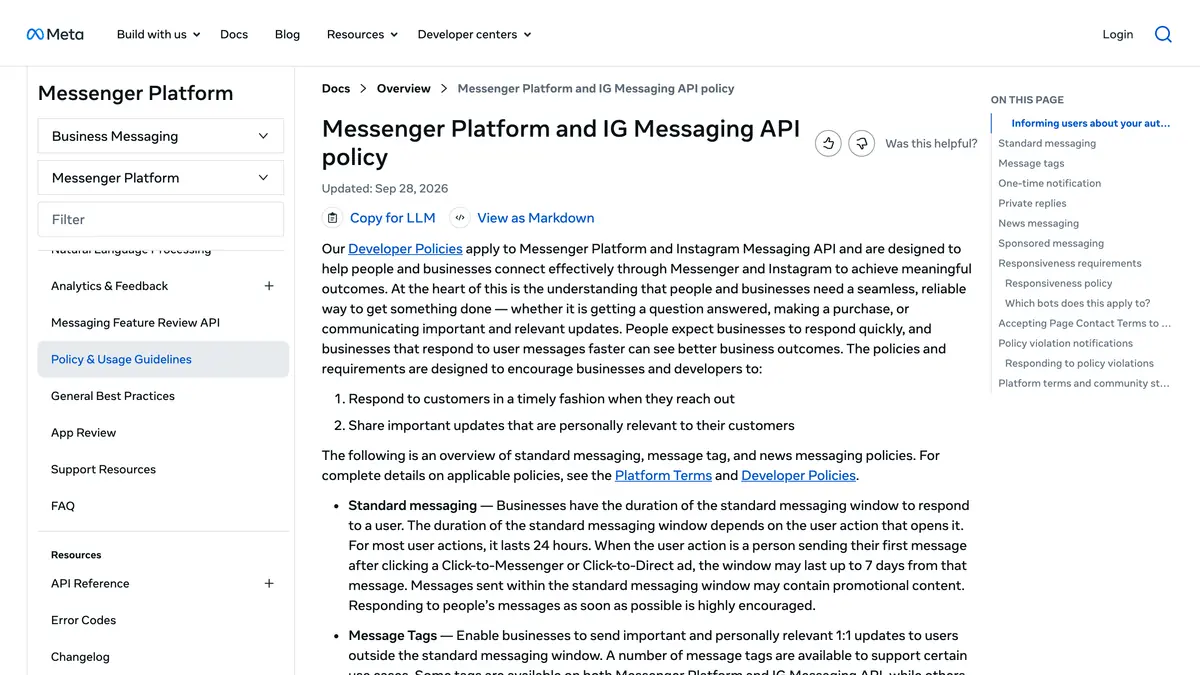 Meta developer page on the Messenger Platform and Instagram messaging policy, with the standard messaging window rules