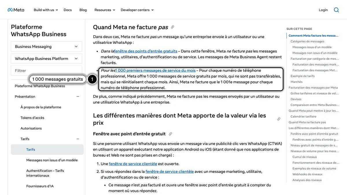 Documentation tarifaire de Meta : les deux cas où Meta ne facture pas, dont les 1 000 premiers messages de service du mois