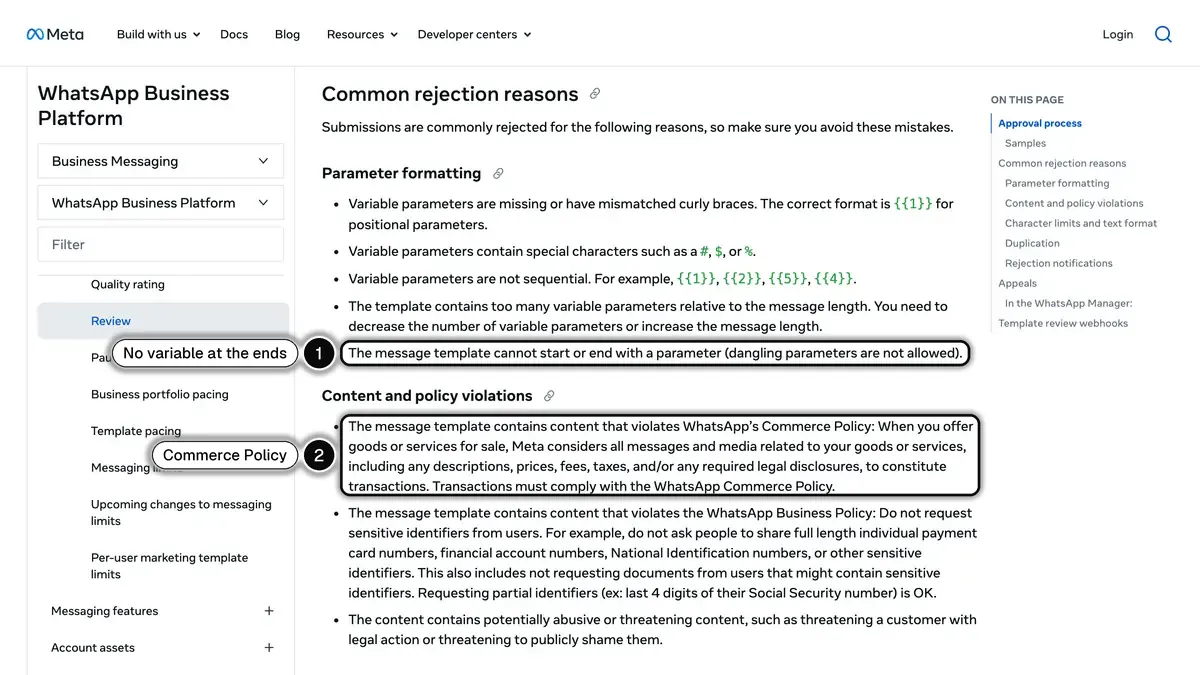Meta's common template rejection reasons: parameter formatting and content policy violations