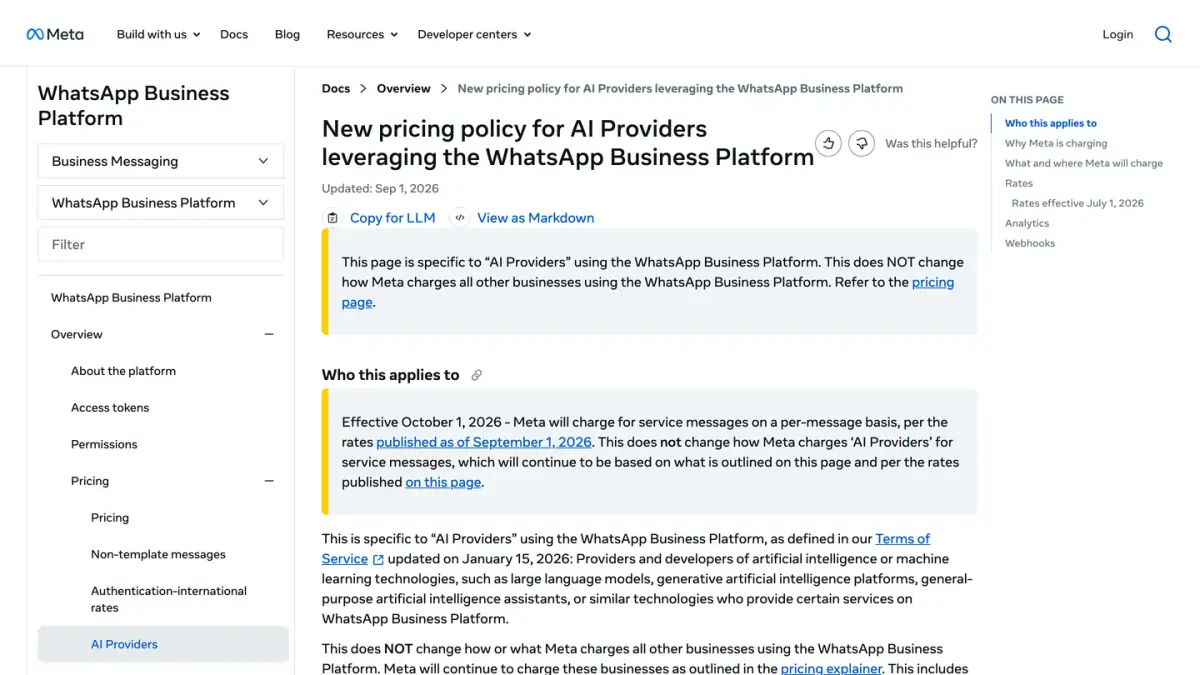 Page de la documentation Meta pour les développeurs sur la tarification des fournisseurs d'IA sur WhatsApp Business Platform