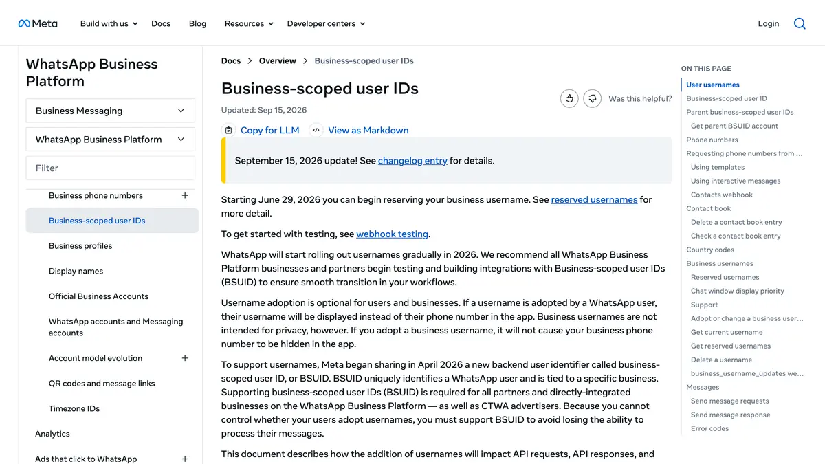 Meta developer documentation page on business-scoped user IDs, the identifier that comes with WhatsApp usernames