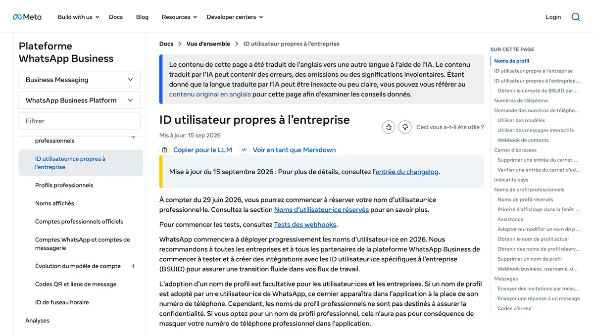 Page de la documentation Meta sur les identifiants utilisateur propres à l'entreprise, liés aux noms d'utilisateur WhatsApp