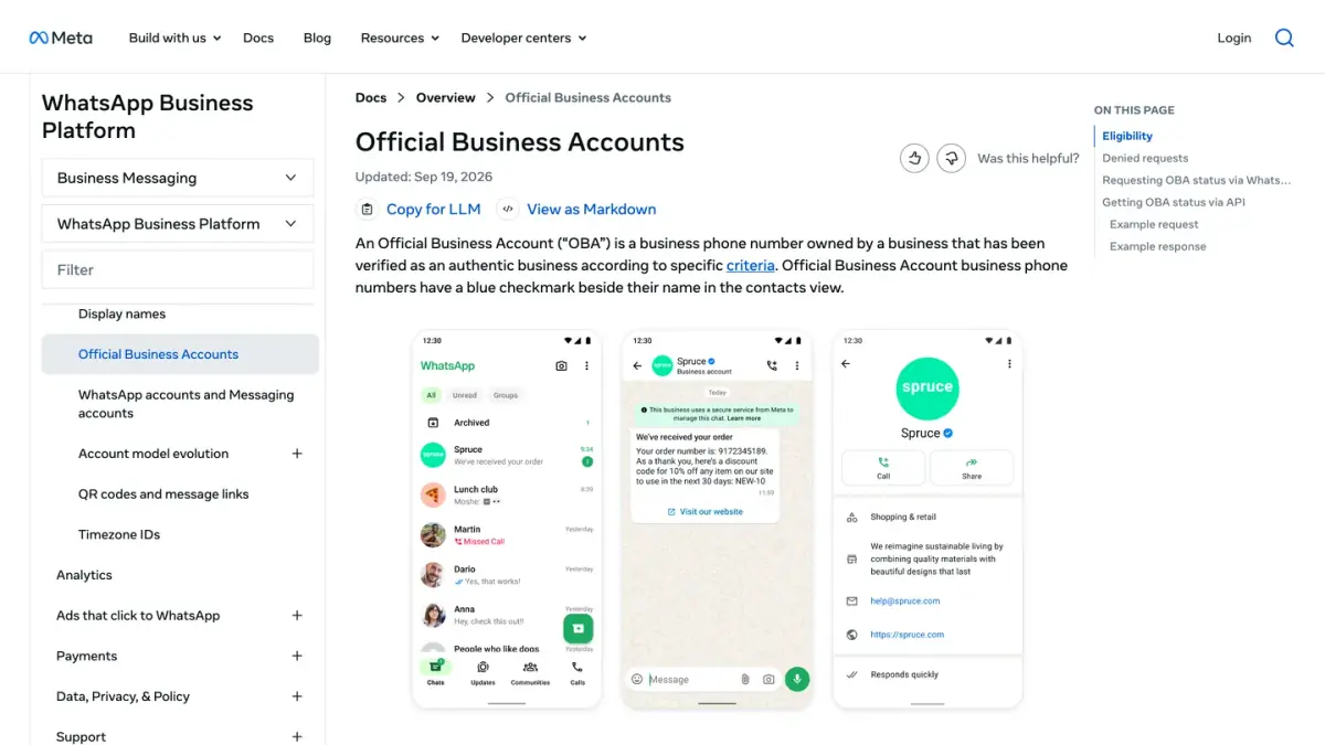 Meta developer documentation on Official Business Accounts, with the blue checkmark shown in chats