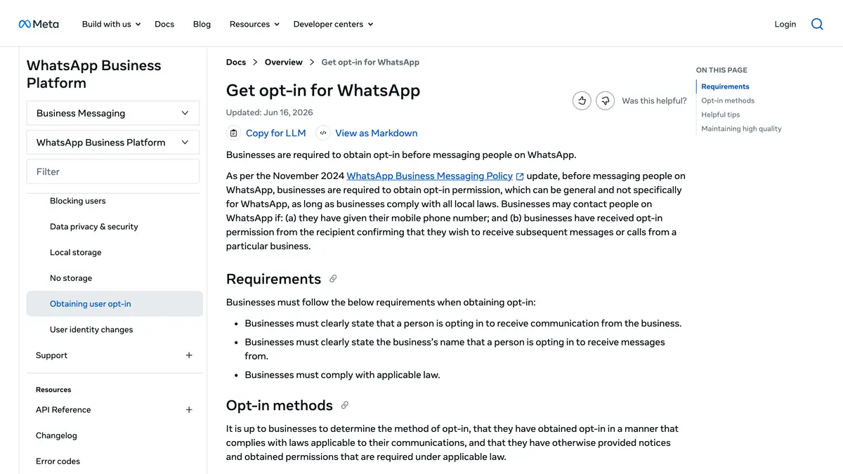 Page de la documentation Meta pour les développeurs sur l'obtention de l'opt-in WhatsApp et ses exigences