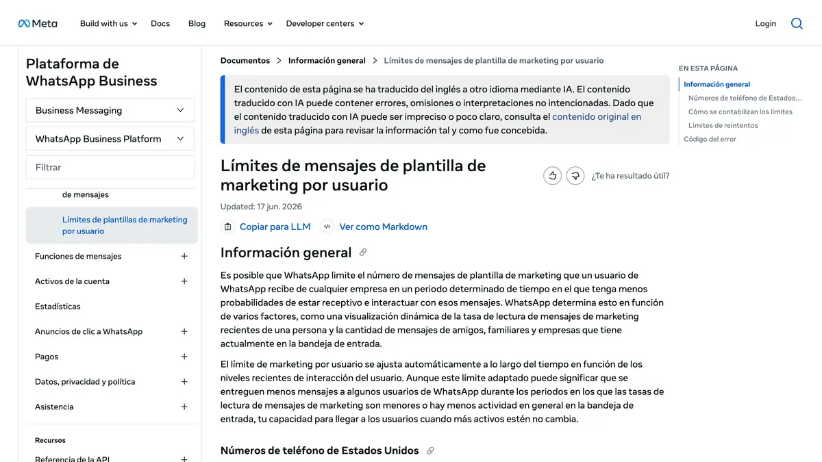 Página de la documentación de Meta sobre los límites de mensajes de plantilla de marketing por usuario