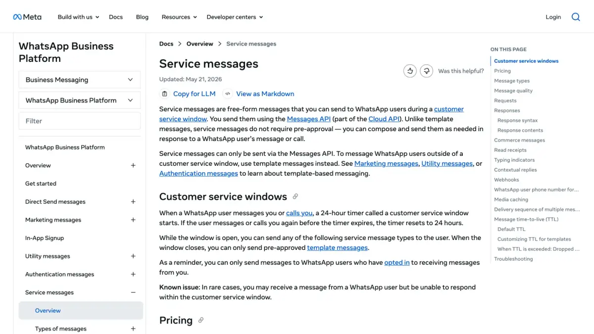 Meta developer documentation on service messages and the 24 hour customer service window