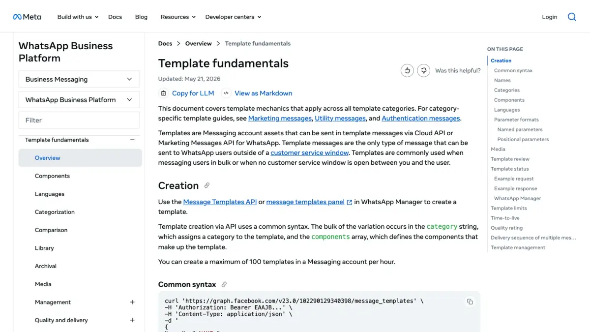 Meta developer documentation on WhatsApp template fundamentals, covering creation, categories and components