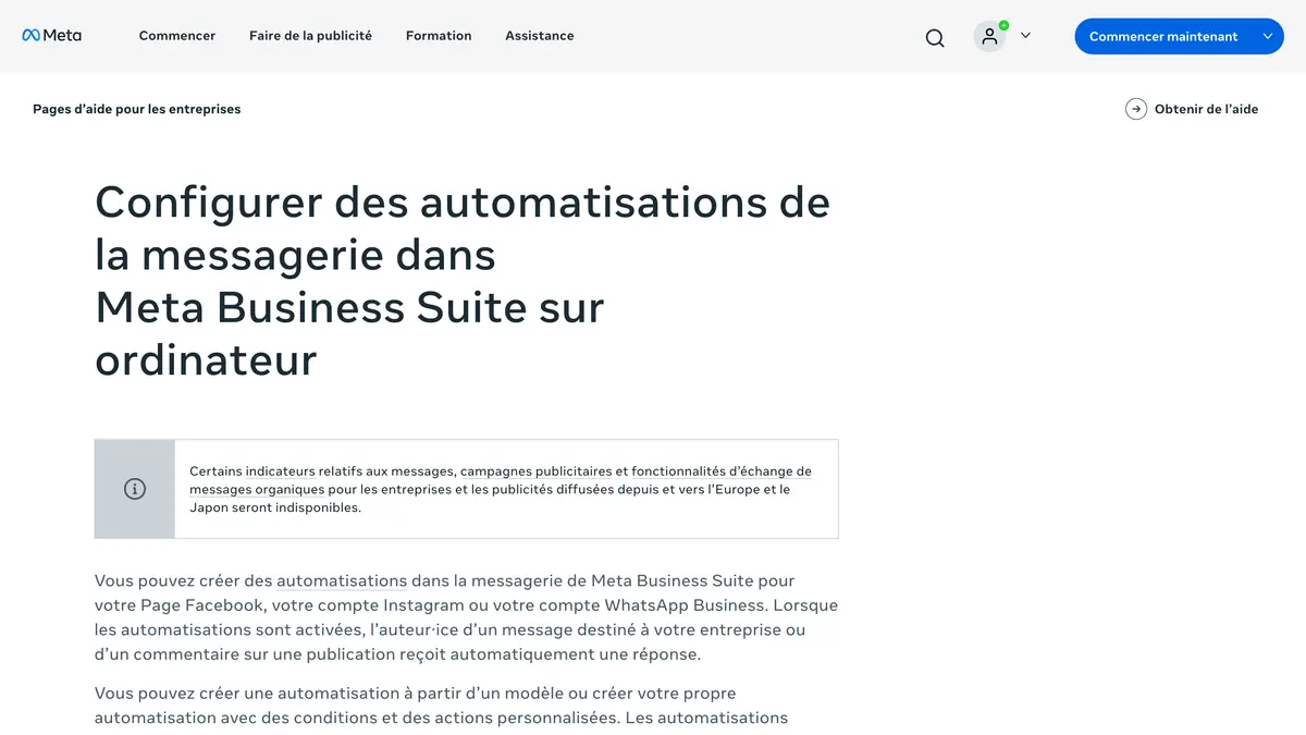 Page d'aide Meta Business qui explique comment configurer des automatisations de la messagerie dans Meta Business Suite sur ordinateur