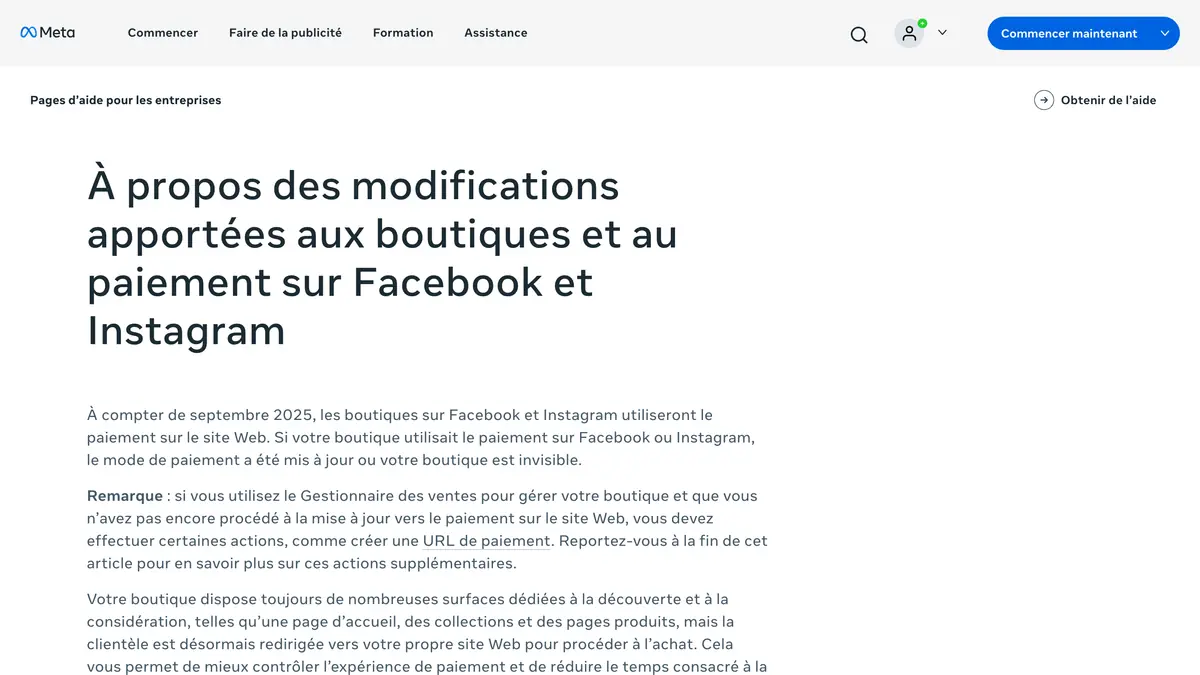 Page d'aide Meta Business sur les modifications apportées aux boutiques et au paiement sur Facebook et Instagram