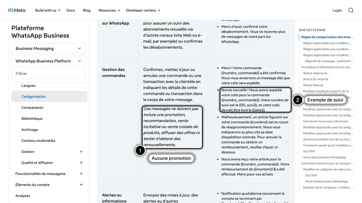 La documentation de Meta sur la catégorisation des modèles : les modèles utilitaires de gestion des commandes excluent la promotion, avec un exemple de suivi d'expédition