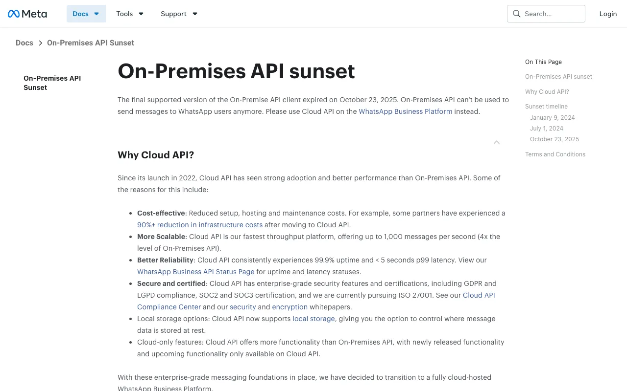 Meta's On-Premises API sunset page: the final supported version of the client expired on October 23, 2025