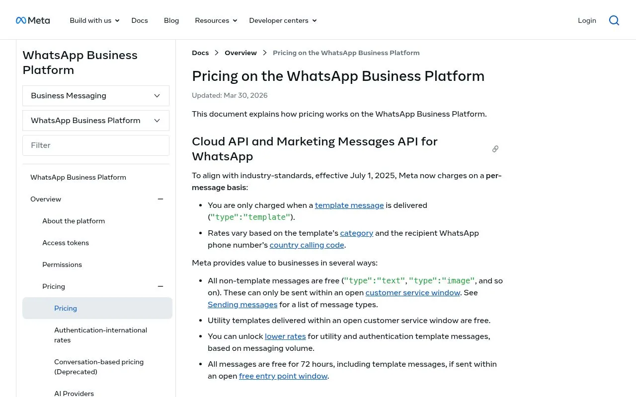Meta WhatsApp Business pricing page