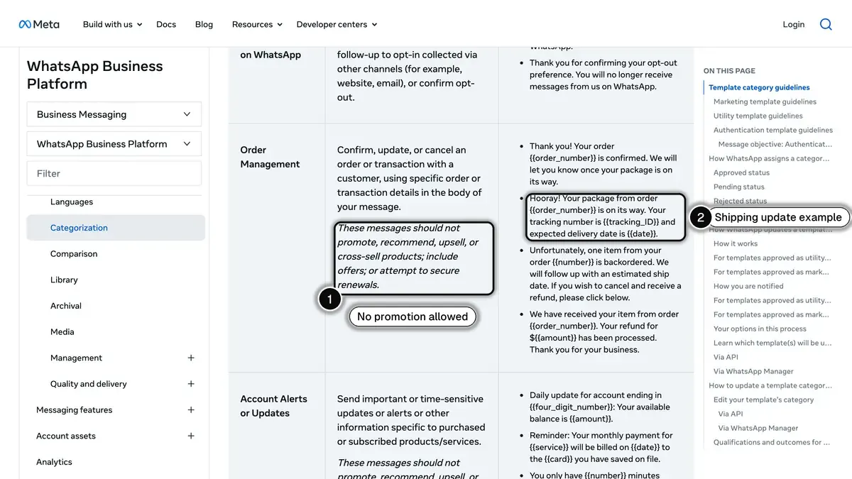 Meta documentation on template categorization showing that order management utility templates must not include promotion, with a shipping update example