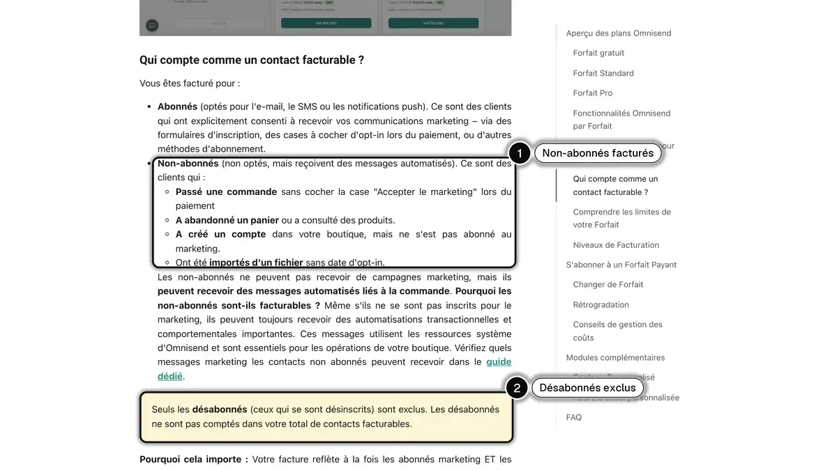 L'article Plans tarifaires Omnisend 2026 du centre d'aide en français, avec la liste des non-abonnés facturés et la phrase sur les désabonnés exclus encadrées