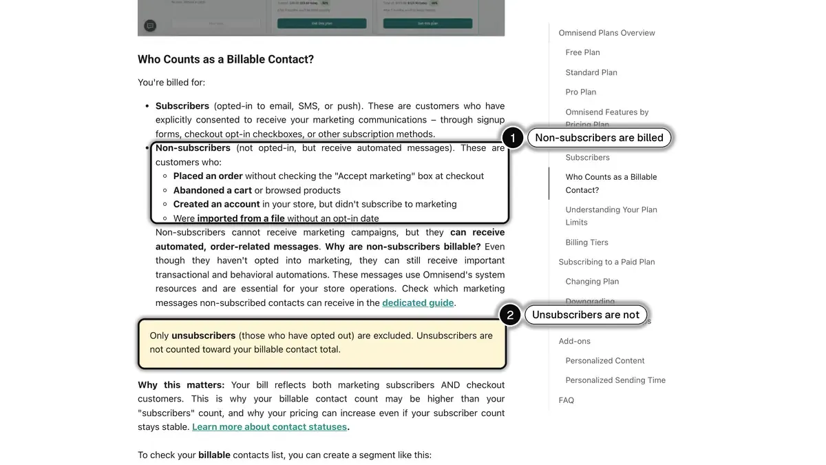 Omnisend help center article listing the non-subscribers who count as billable contacts and stating that only unsubscribers are excluded