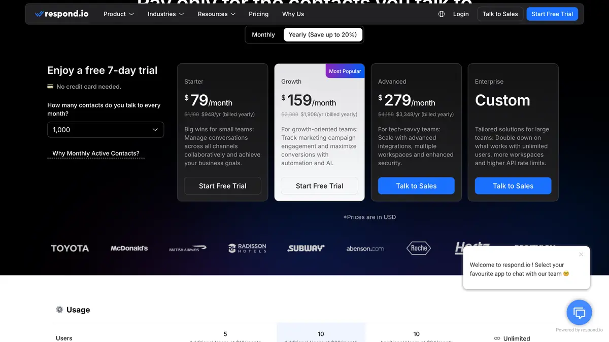 respond.io pricing page on yearly billing, with Starter at $79 a month and Growth at $159 a month