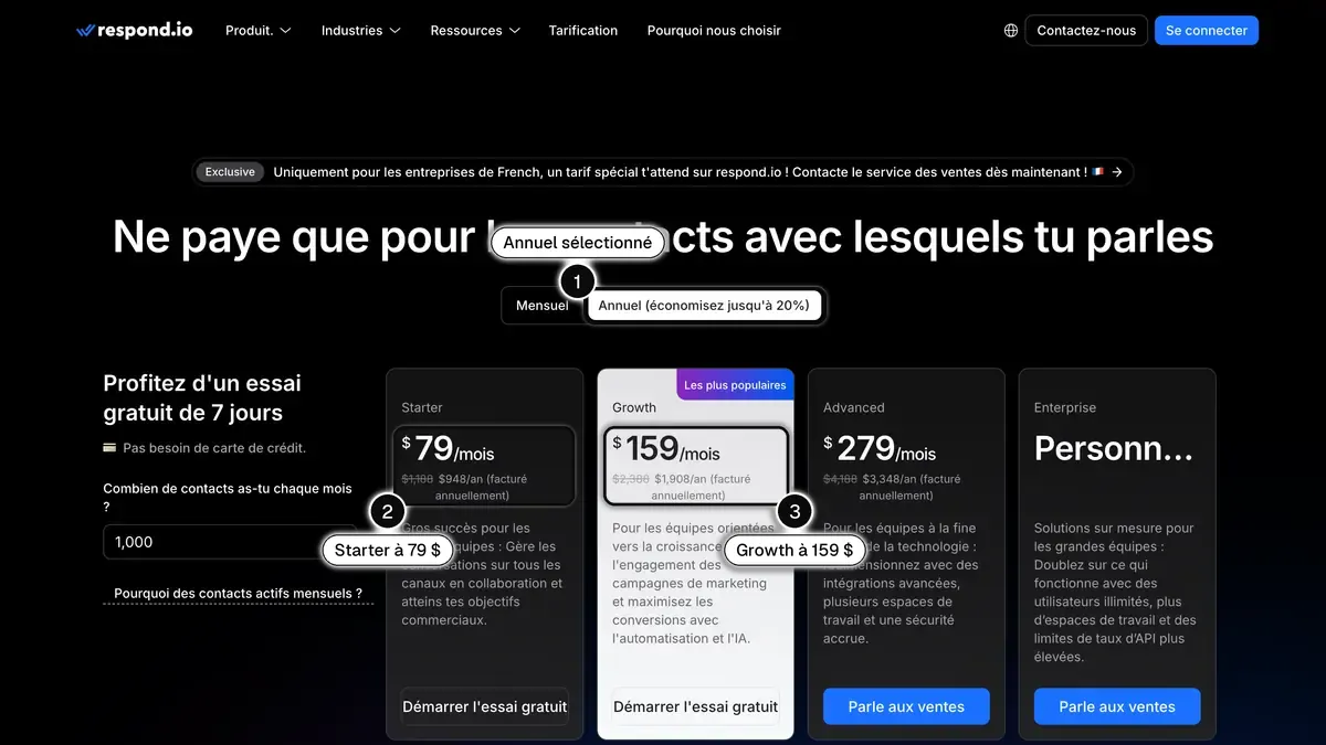 Page tarifs de respond.io en facturation annuelle, avec Starter à 79 dollars et Growth à 159 dollars par mois