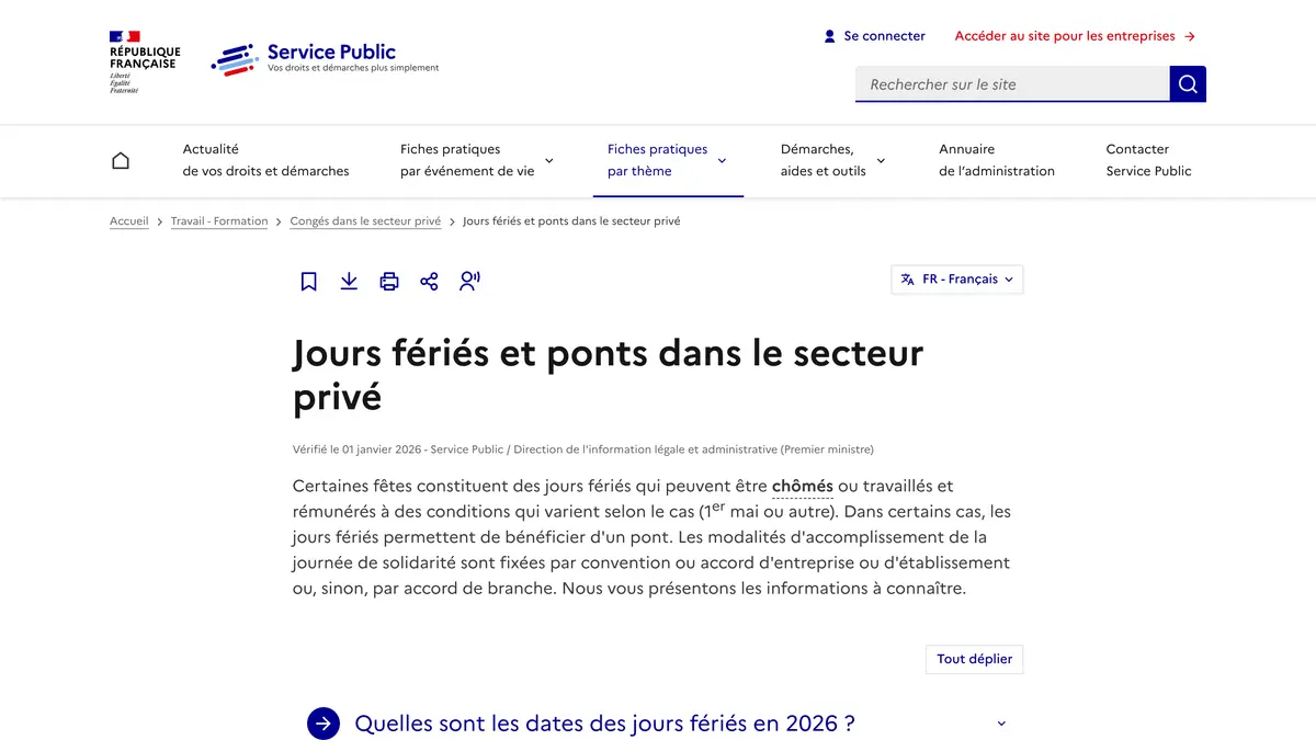 Fiche Service Public sur les jours fériés et les ponts dans le secteur privé