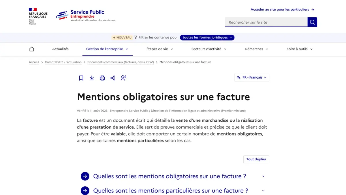 La fiche de Service Public sur les mentions obligatoires d'une facture