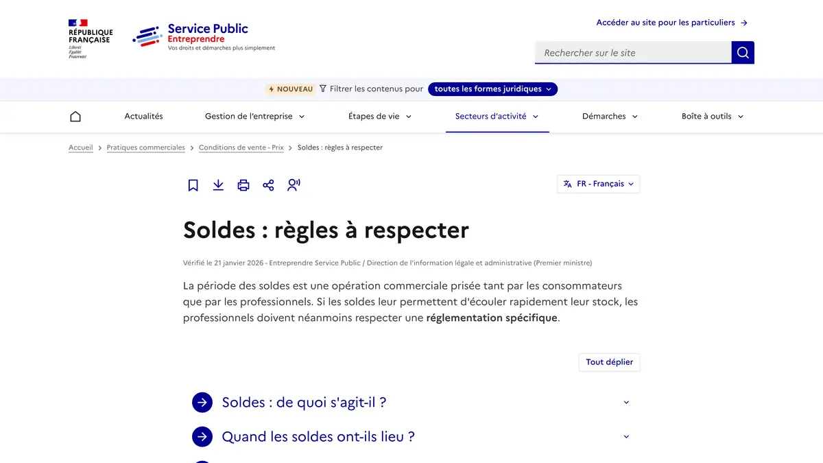 Fiche Service Public pour les entreprises sur les règles des soldes à respecter