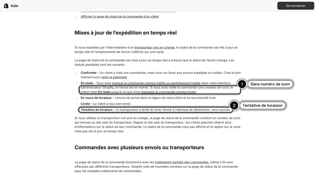 La page du centre d'aide Shopify qui liste les statuts de la page de statut de commande, dont la tentative de livraison, et le cas d'une commande sans numéro de suivi