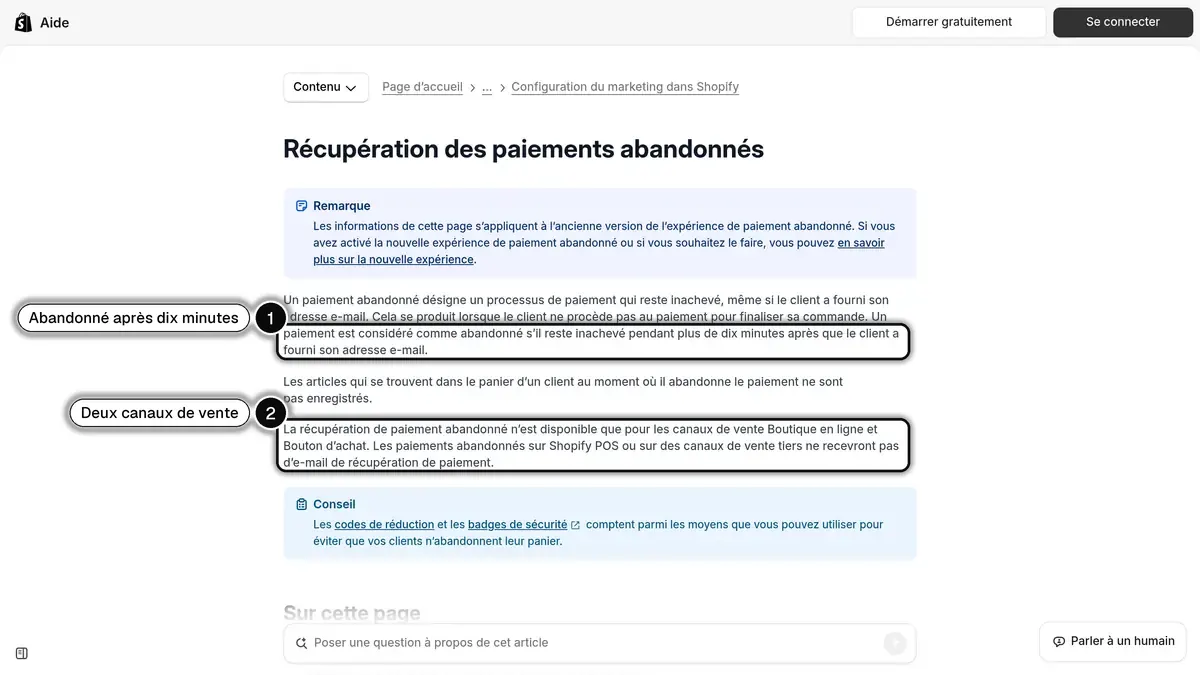 Centre d'aide de Shopify : quand un paiement est considéré comme abandonné et quels canaux de vente sont couverts